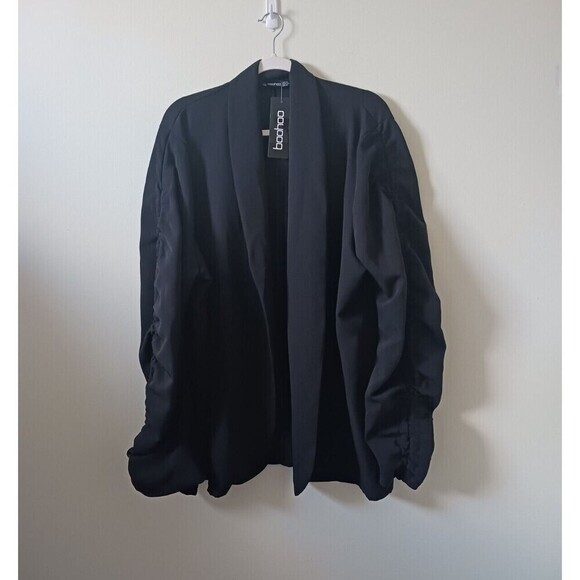 Boohoo Blazer Jacket Ruched Sleeve Open Front Collared Black Size 22 NWT - Picture 1 of 6